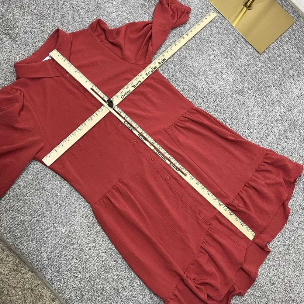 Tahari Arthur S Levine Shirt Dress Womens 14 Red Tiered Ruffle Hem - Picture 7 of 7